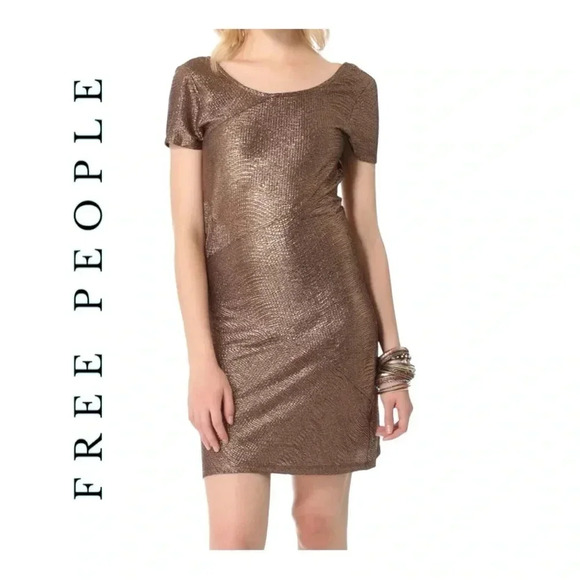 1500. FREE‎ PEOPLE MOONAGE DAYDREAM METALLIC TUNIC MINI DRESS SIZE MEDIUM BROWN - Picture 1 of 10